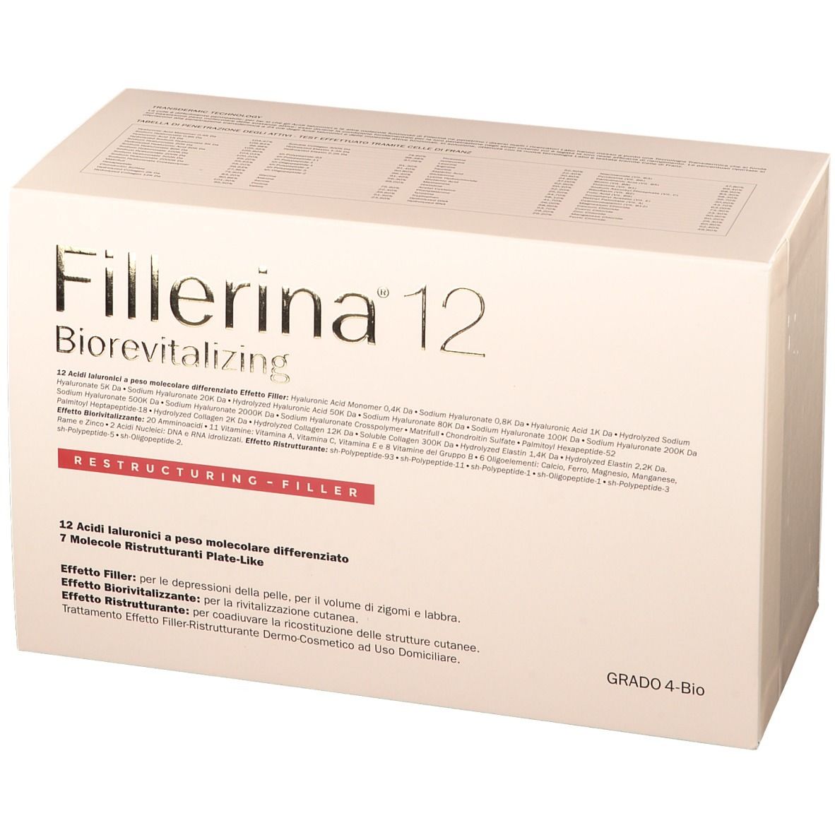 Confezione Fillerina 12 Biorevitalizing. Scatola bianca con nome e informazioni del prodotto. Grado 4-Bio.
