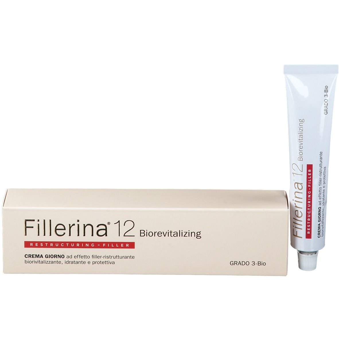 Confezione del prodotto e tubo. Confezione: "Fillerina 12 Biorevitalizing". Tubo: crema, bianco, con nome del prodotto.