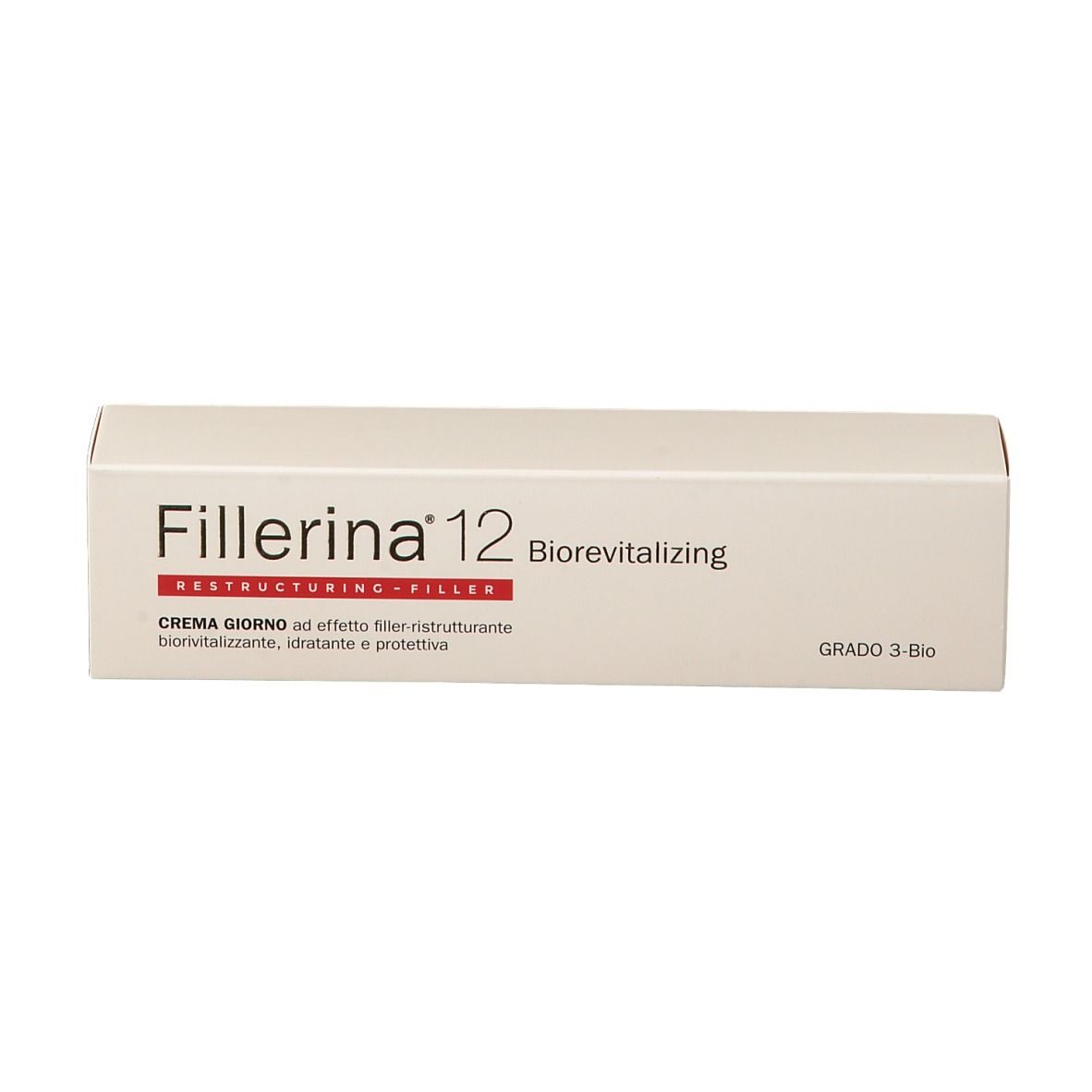 Confezione del prodotto, rettangolare, beige. Scritta: "Fillerina 12 Biorevitalizing". Grado 3 Bio.