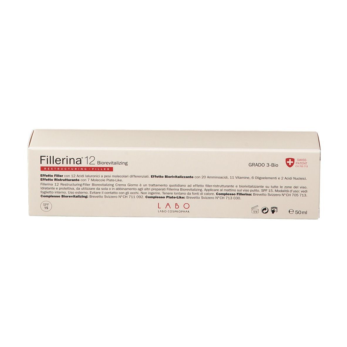 Confezione del prodotto, rettangolare, beige. Scritta: "Fillerina 12 Biorevitalizing". Croce svizzera. 50ml.