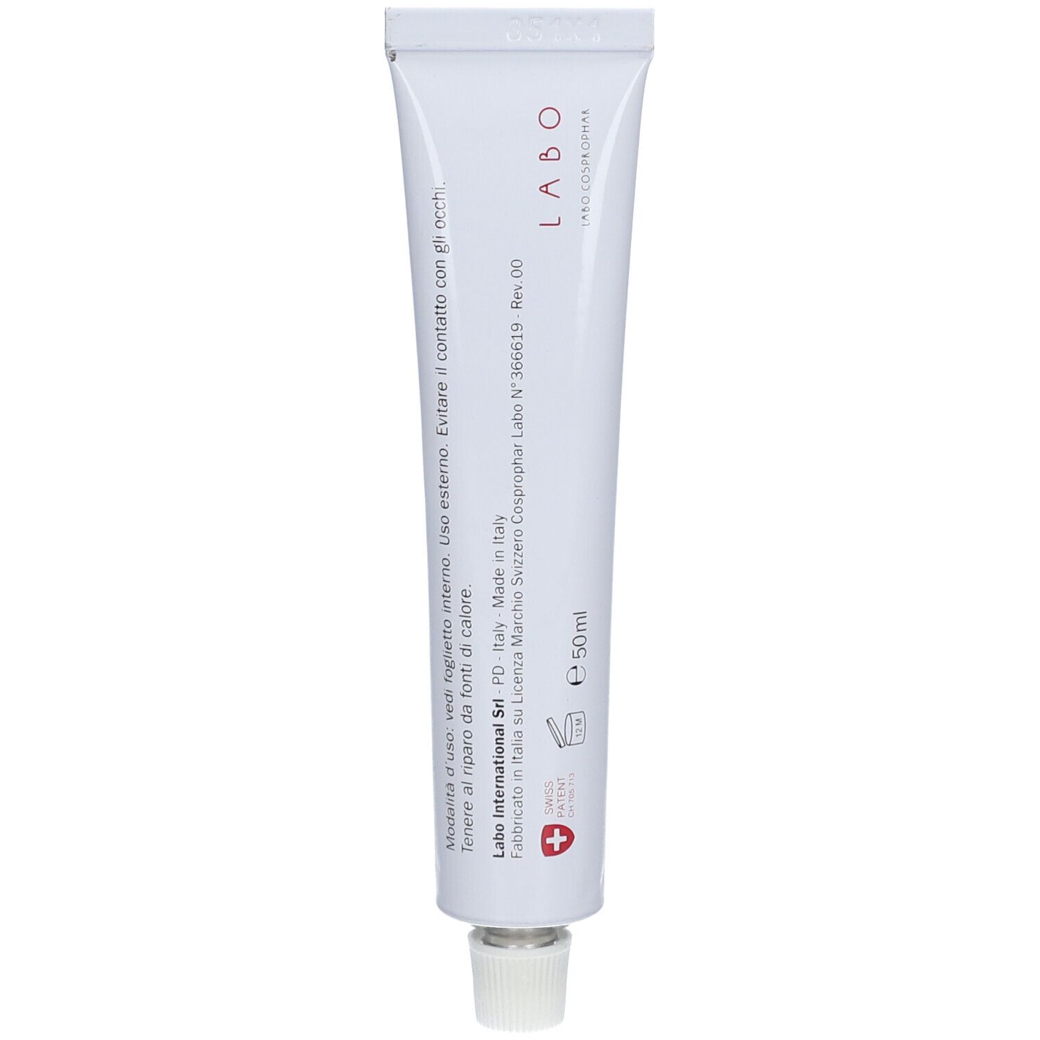 Tubo bianco Labo e Fillerina 12. Contiene 50ml. Chiusura a vite. Croce svizzera.