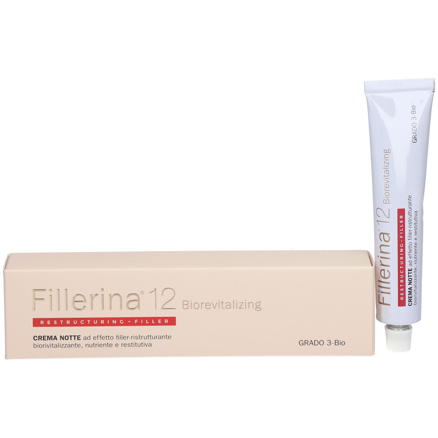 Fillerina 12 Biorevitalizing Crema Notte e confezione. Grado 3 Bio. Confezione beige con nome prodotto.
