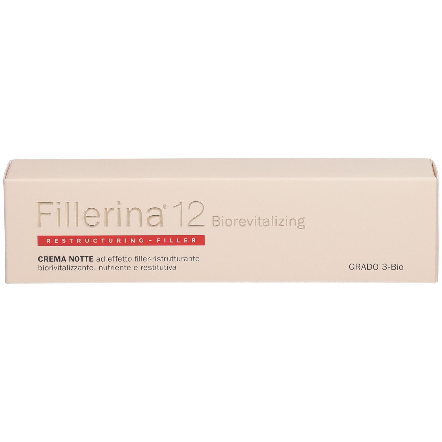 Confezione beige con Fillerina 12 Biorevitalizing Crema Notte. Grado 3 Bio. Testo multilingue.