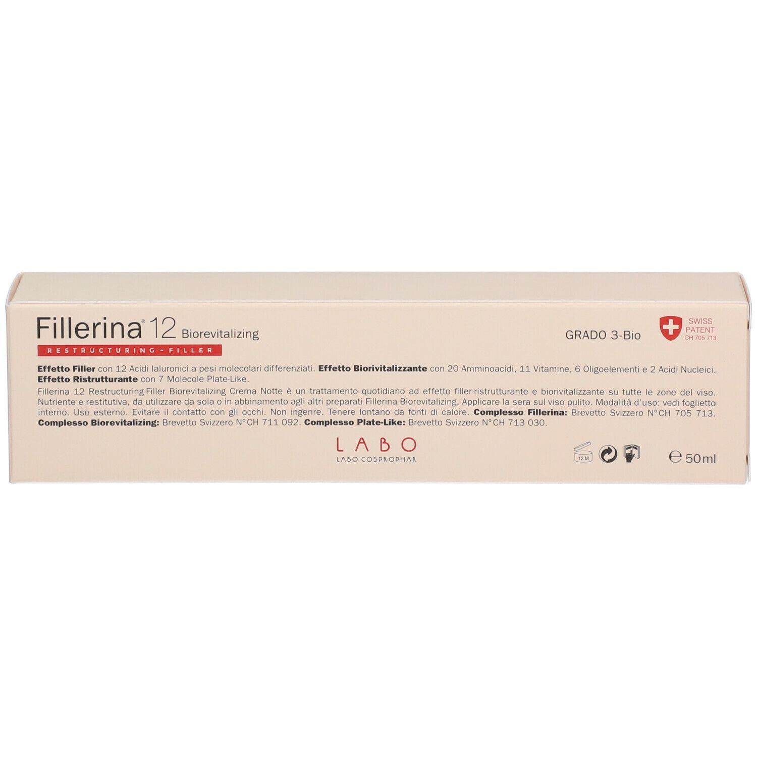 Confezione beige con testo Fillerina 12 Biorevitalizing Crema Notte. Grado 3 Bio. Croce svizzera. 50ml.