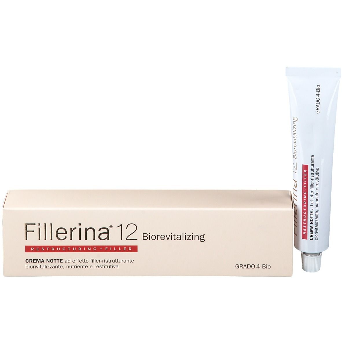 Confezione e tubo del prodotto. Confezione: scatola rettangolare, beige con testo rosso. Tubo: bianco, con testo rosso e blu. Scritta: Fillerina 12.
