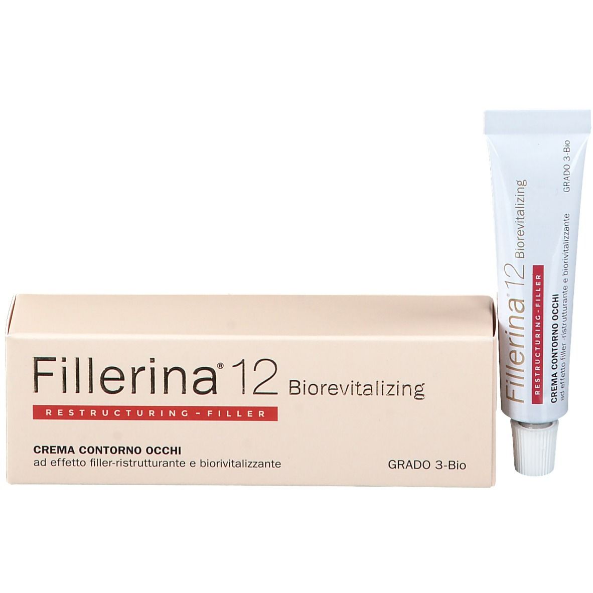 Confezione e tubo. Confezione: Fillerina 12 Biorevitalizing, Crema Contorno Occhi, Grado 3 Bio. Tubo: bianco con scritta.