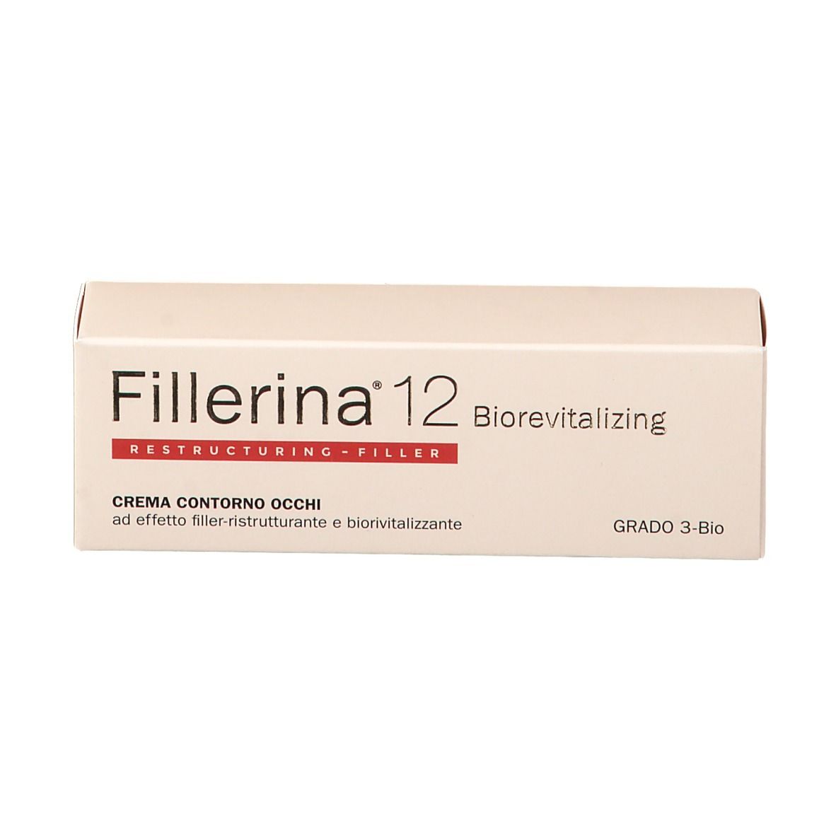 Confezione del prodotto. Scritta: Fillerina 12 Biorevitalizing, Crema Contorno Occhi, Grado 3 Bio.