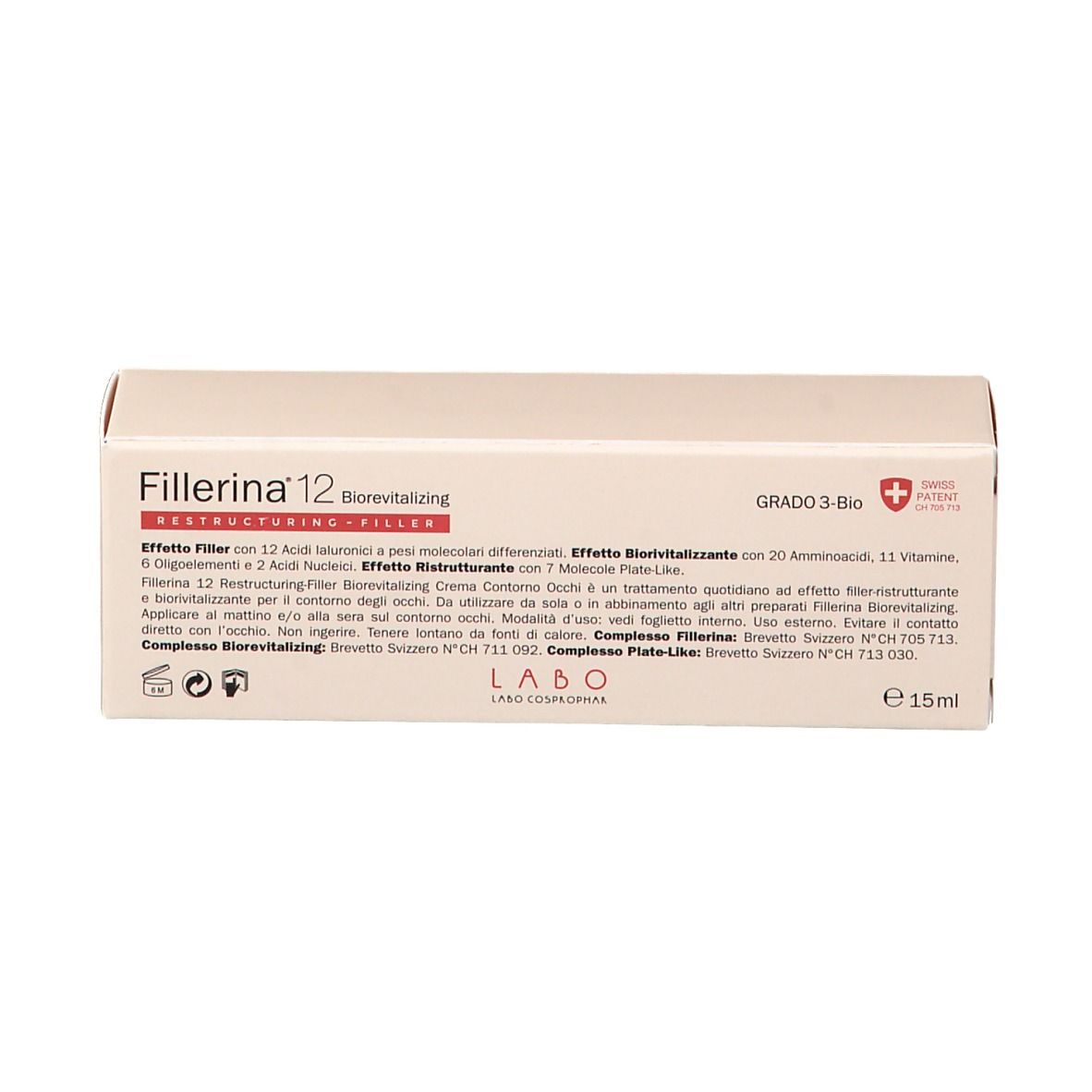 Confezione del prodotto. Scritta: Fillerina 12 Biorevitalizing, Crema Contorno Occhi, Grado 3 Bio, Croce Svizzera, E 15ml.