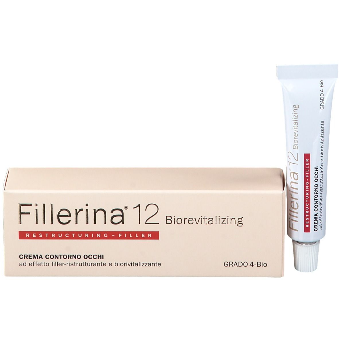 Scatola beige e tubo. Scritta: Fillerina 12 Biorevitalizing, Restructuring-Filler, Crema Contorno Occhi, Grado 4-Bio.
