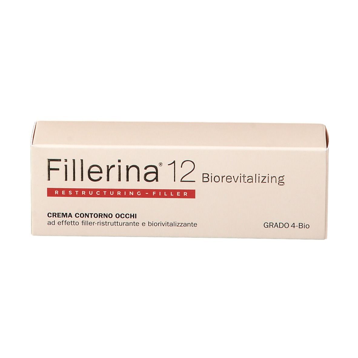Scatola beige. Scritta: Fillerina 12 Biorevitalizing, Restructuring-Filler, Crema Contorno Occhi, Grado 4-Bio.