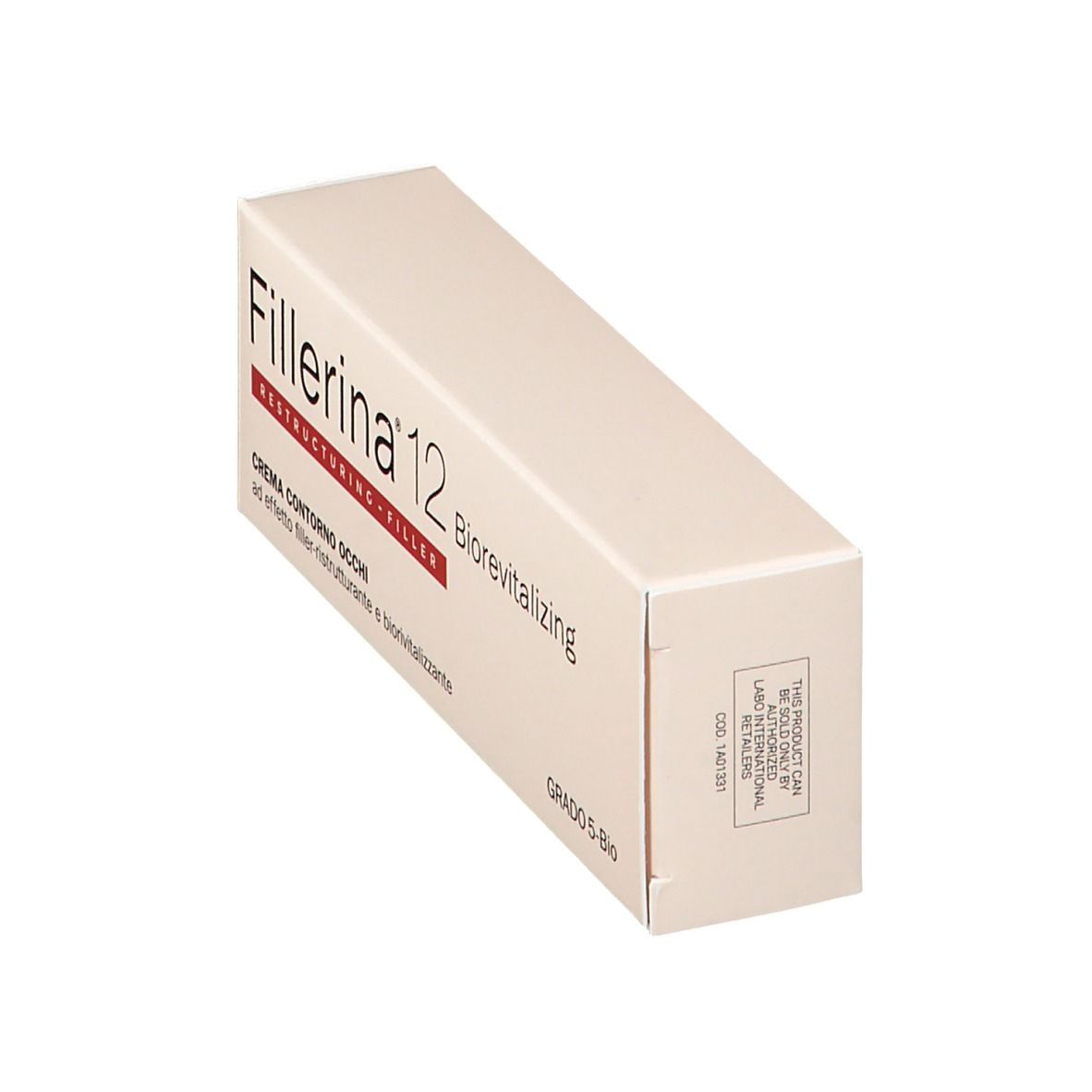 Confezione crema obliqua. Bianca con scritta Fillerina 12, Biorevitalizing, Restructuring-Filler. Testo: Crema Contorno Occhi.
