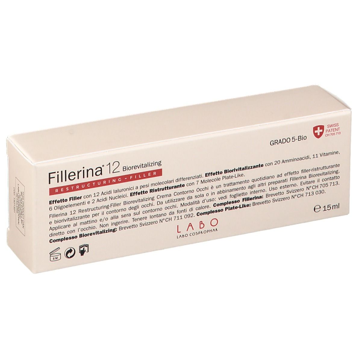 Confezione crema. Bianca con testo e brevetto svizzero. Testo: Fillerina 12, Biorevitalizing, Restructuring-Filler. 15ml.