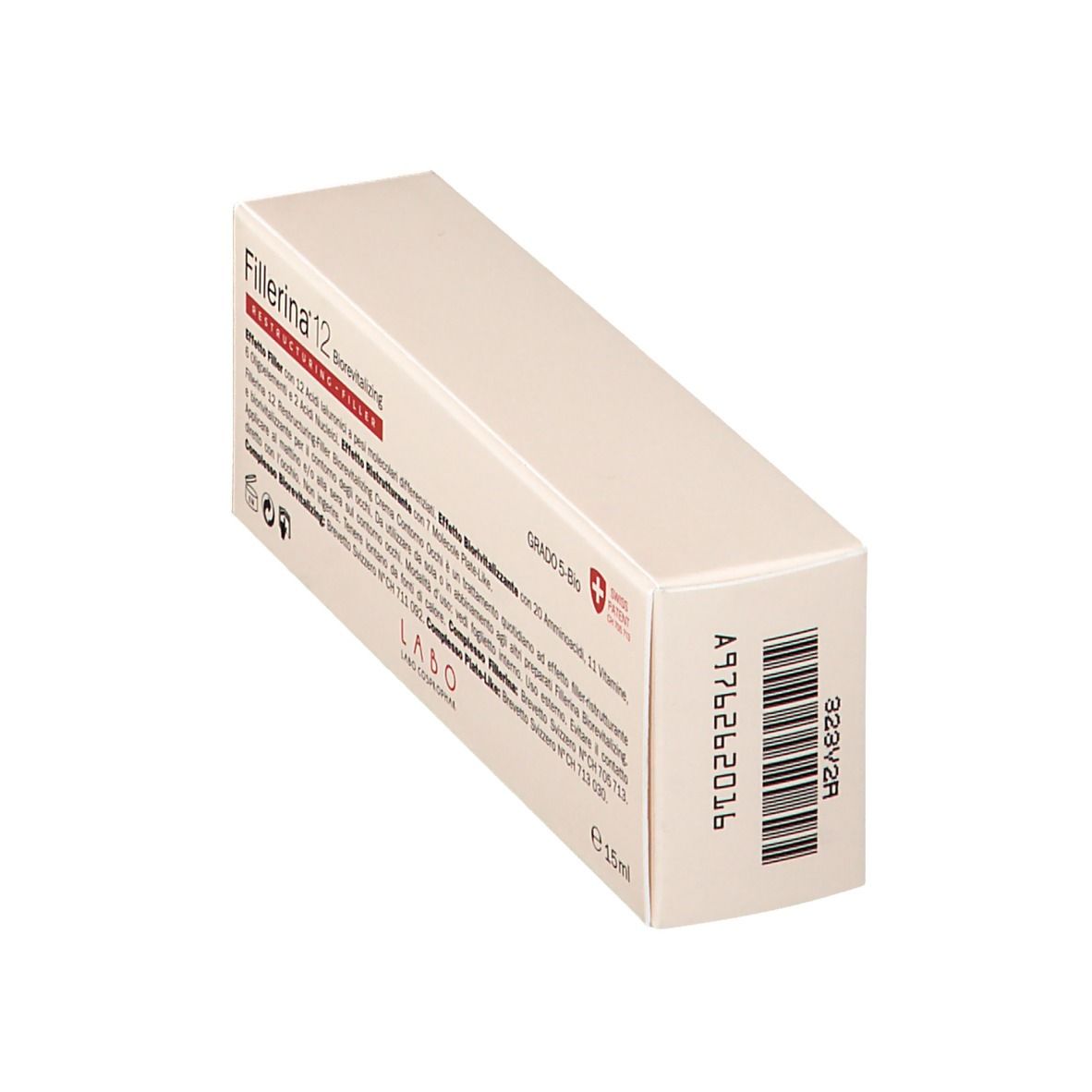 Confezione crema obliqua. Bianca con testo e codice a barre. Testo: Fillerina 12, Biorevitalizing, Restructuring-Filler. 15ml.