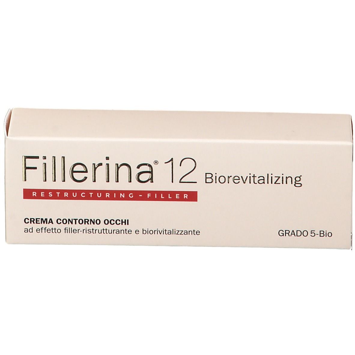 Confezione crema bianca. Scritta Fillerina 12, Biorevitalizing, Restructuring-Filler. Testo: Crema Contorno Occhi.