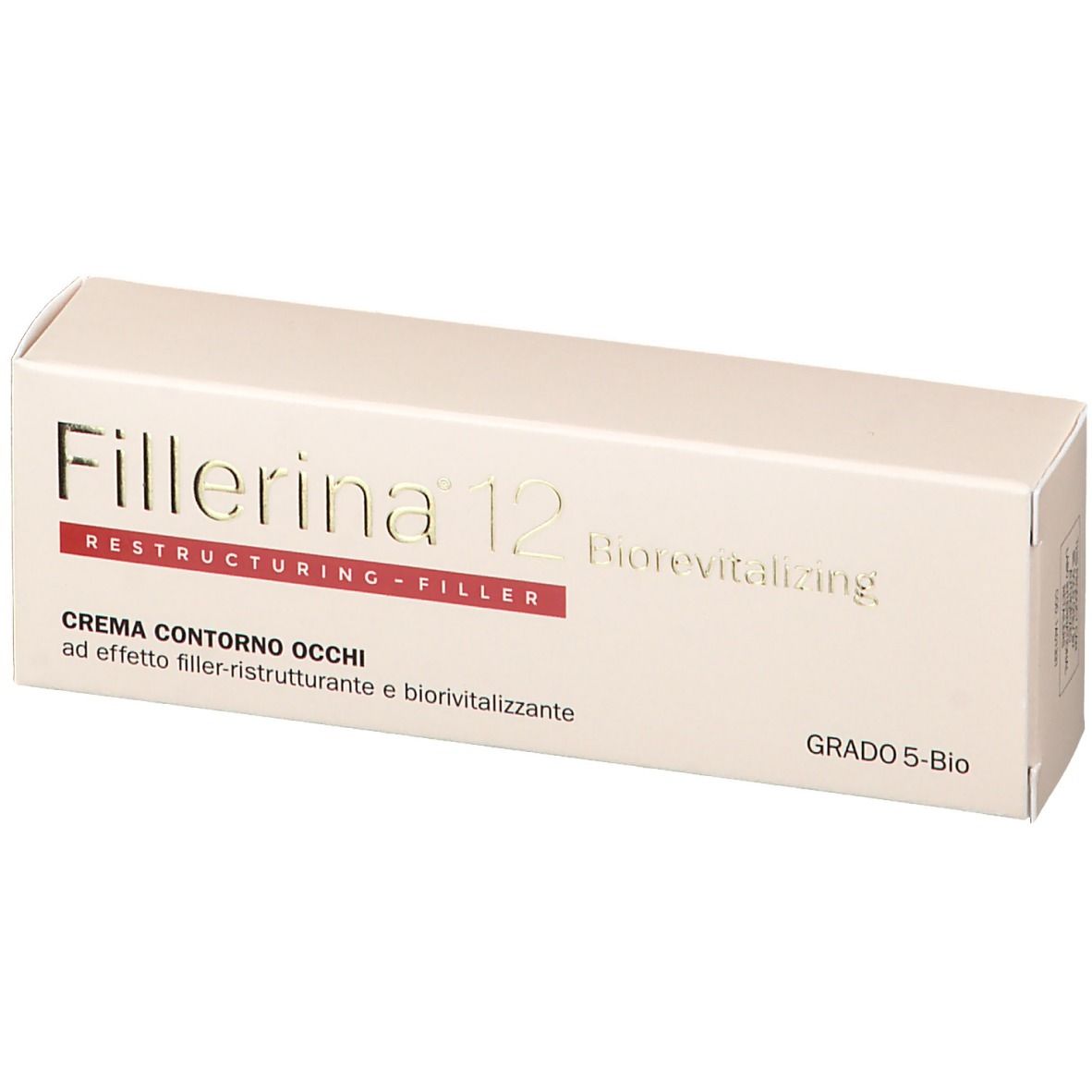 Confezione crema bianca. Scritta Fillerina 12, Biorevitalizing, Restructuring-Filler. Testo: Crema Contorno Occhi.