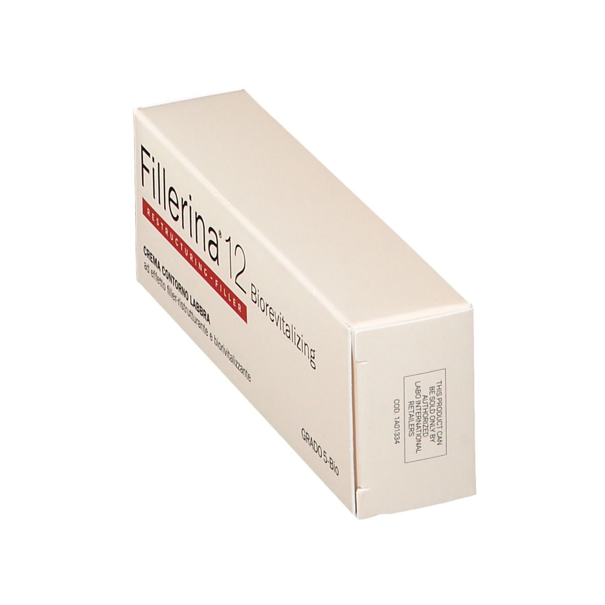 Fillerina 12 Biorevitalizing Crema Contorno Labbra Grad 5-Bio. Scatola angolata, nome e testo del prodotto visibili.