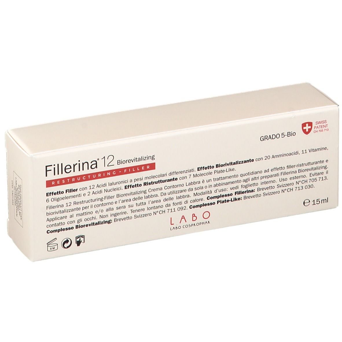 Fillerina 12 Biorevitalizing Crema Contorno Labbra Grad 5-Bio. Scatola bianca con testo e informazioni sul contenuto.