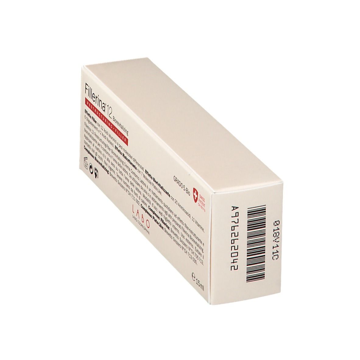Fillerina 12 Biorevitalizing Crema Contorno Labbra Grad 5-Bio. Scatola angolata, testo e codice a barre visibili.
