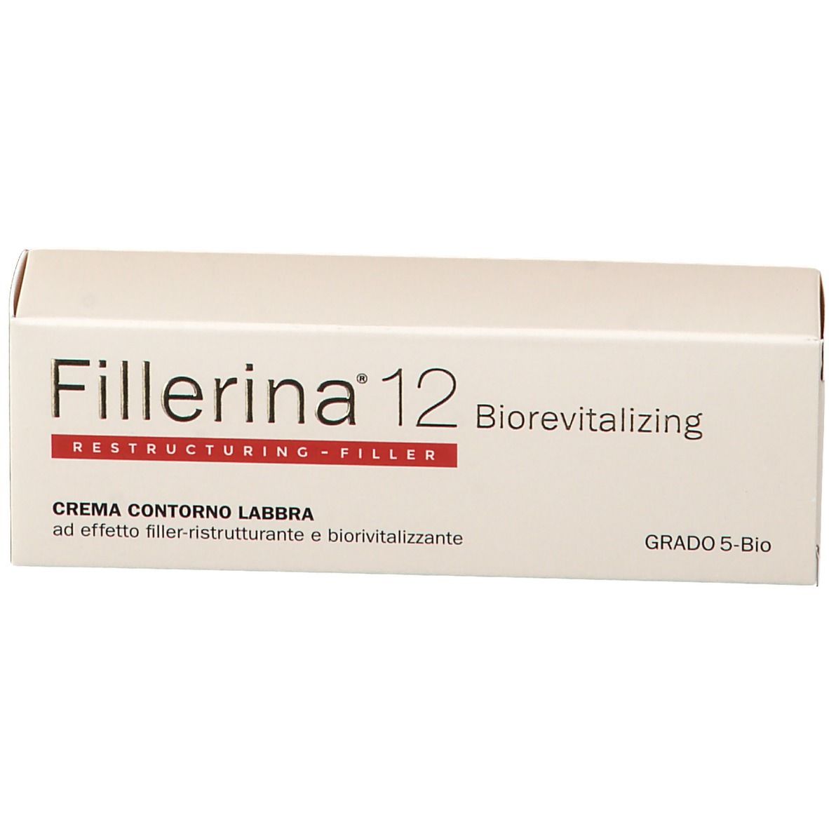 Fillerina 12 Biorevitalizing Crema Contorno Labbra Grad 5-Bio. Scatola bianca con nome e testo del prodotto.