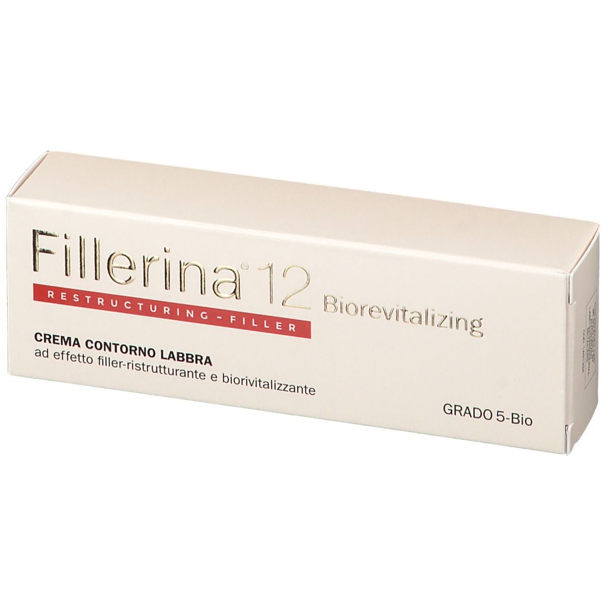 Fillerina 12 Biorevitalizing Crema Contorno Labbra Grad 5-Bio. Scatola bianca con nome e testo del prodotto.