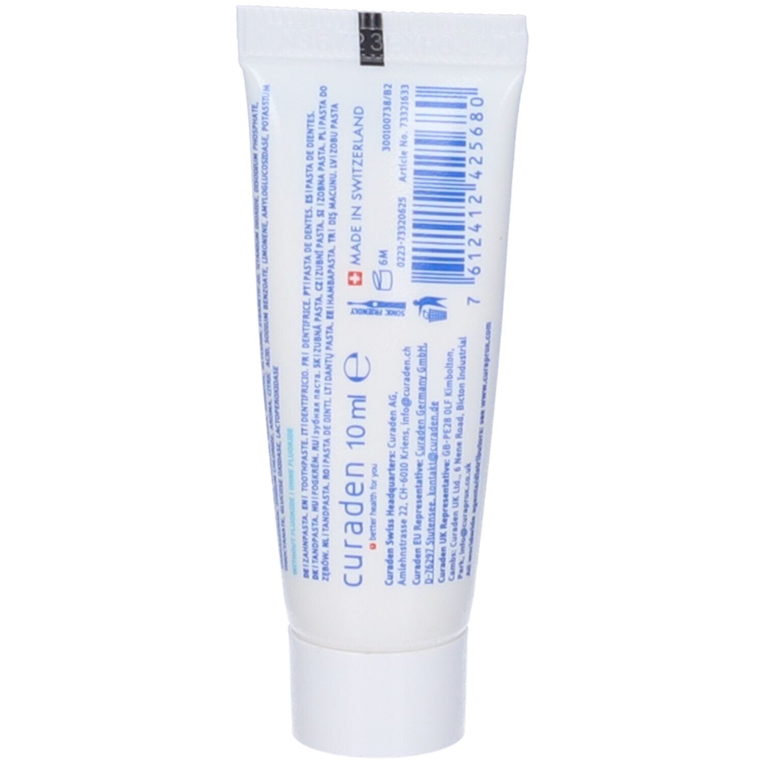 Retro del tubetto di dentifricio Curaprox Enzycal Zero. Informazioni sul prodotto, ingredienti, indirizzo del produttore e codice a barre. Prodotto in Svizzera.