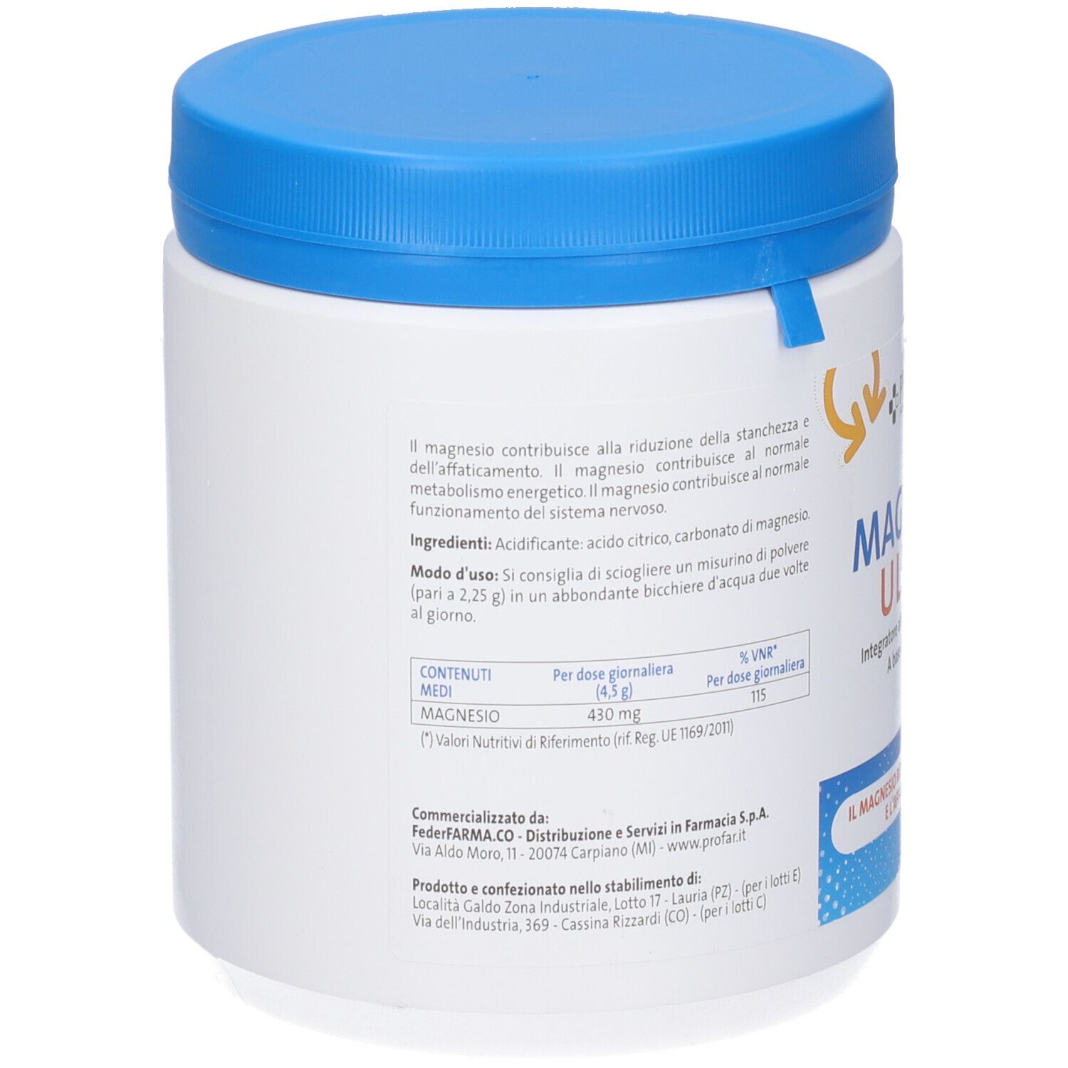 Retro del contenitore PROFAR MAGNESIO ULTRA 300g con informazioni nutrizionali e modalità d'uso.