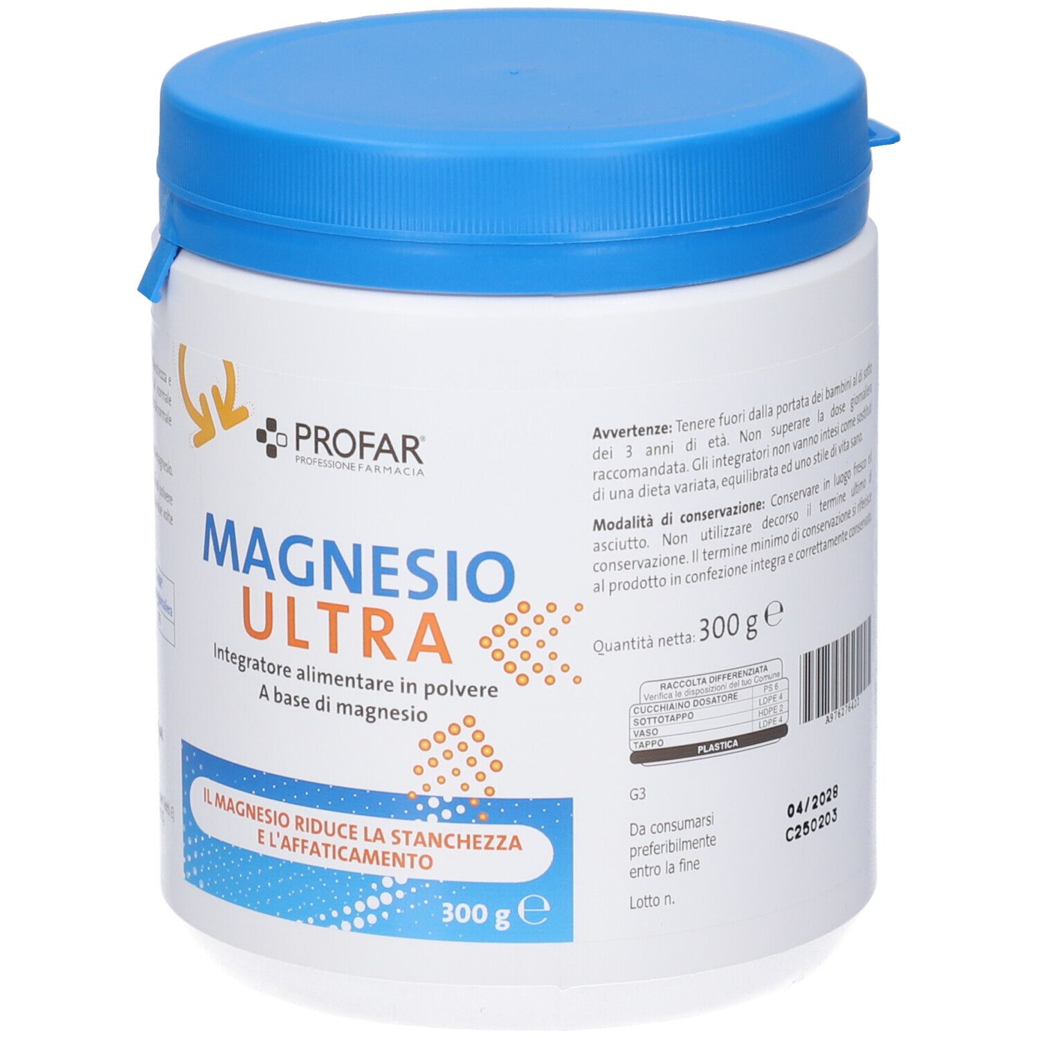 Fronte del contenitore PROFAR MAGNESIO ULTRA 300g. Mostra nome prodotto, marchio e peso netto 300g.
