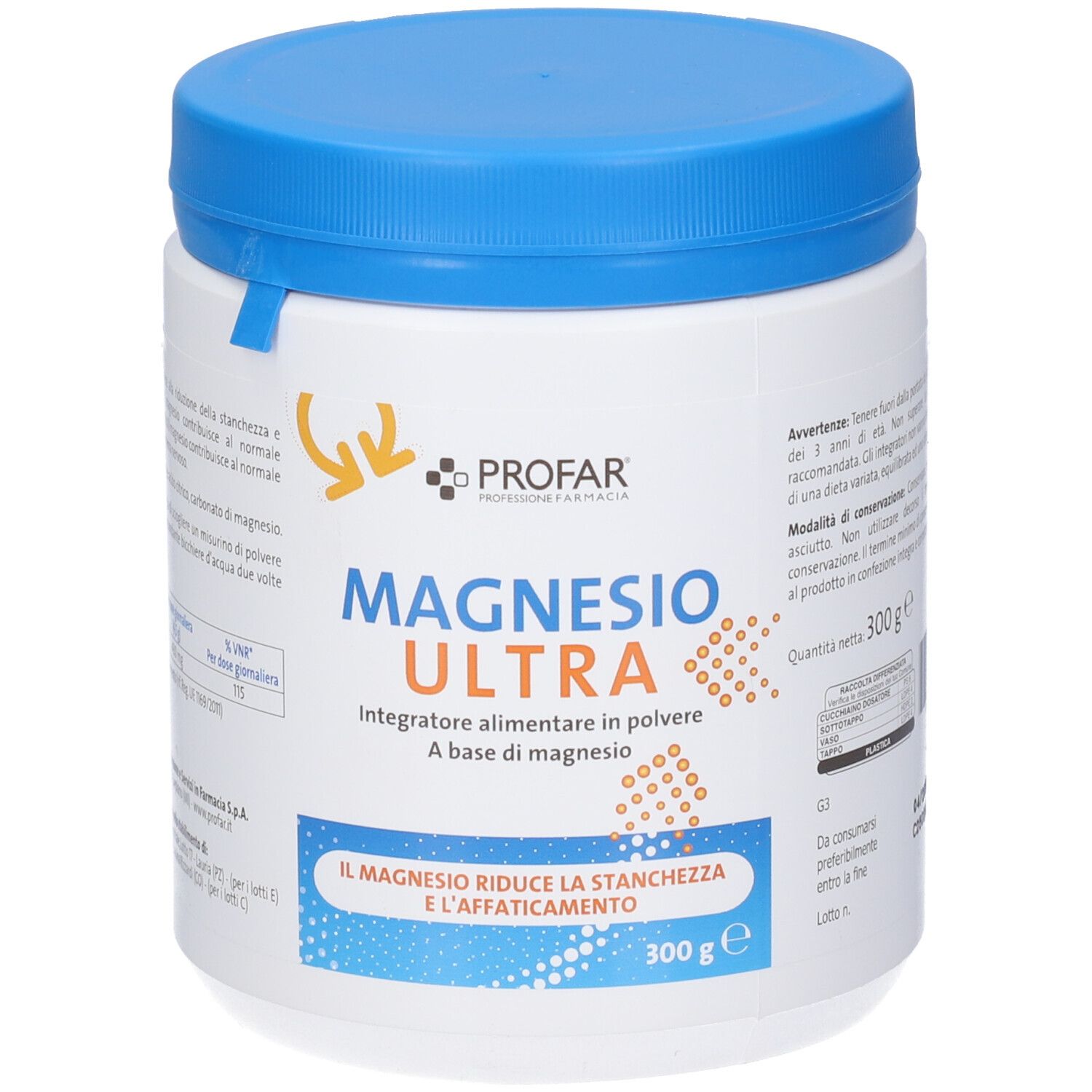 Contenitore in polvere PROFAR MAGNESIO ULTRA 300g con tappo blu. Contiene magnesio per ridurre stanchezza e affaticamento.