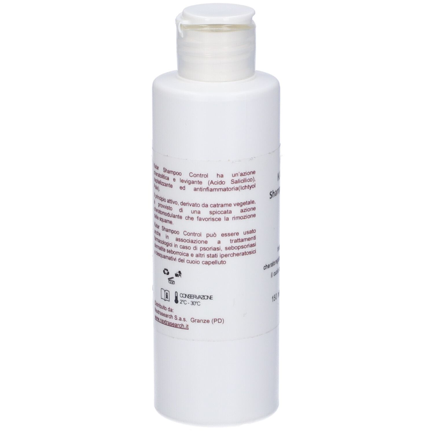 Flacone bianco con tappo bianco. Testo sul retro: KATAR Shampoo Control, ingredienti, indicazioni.