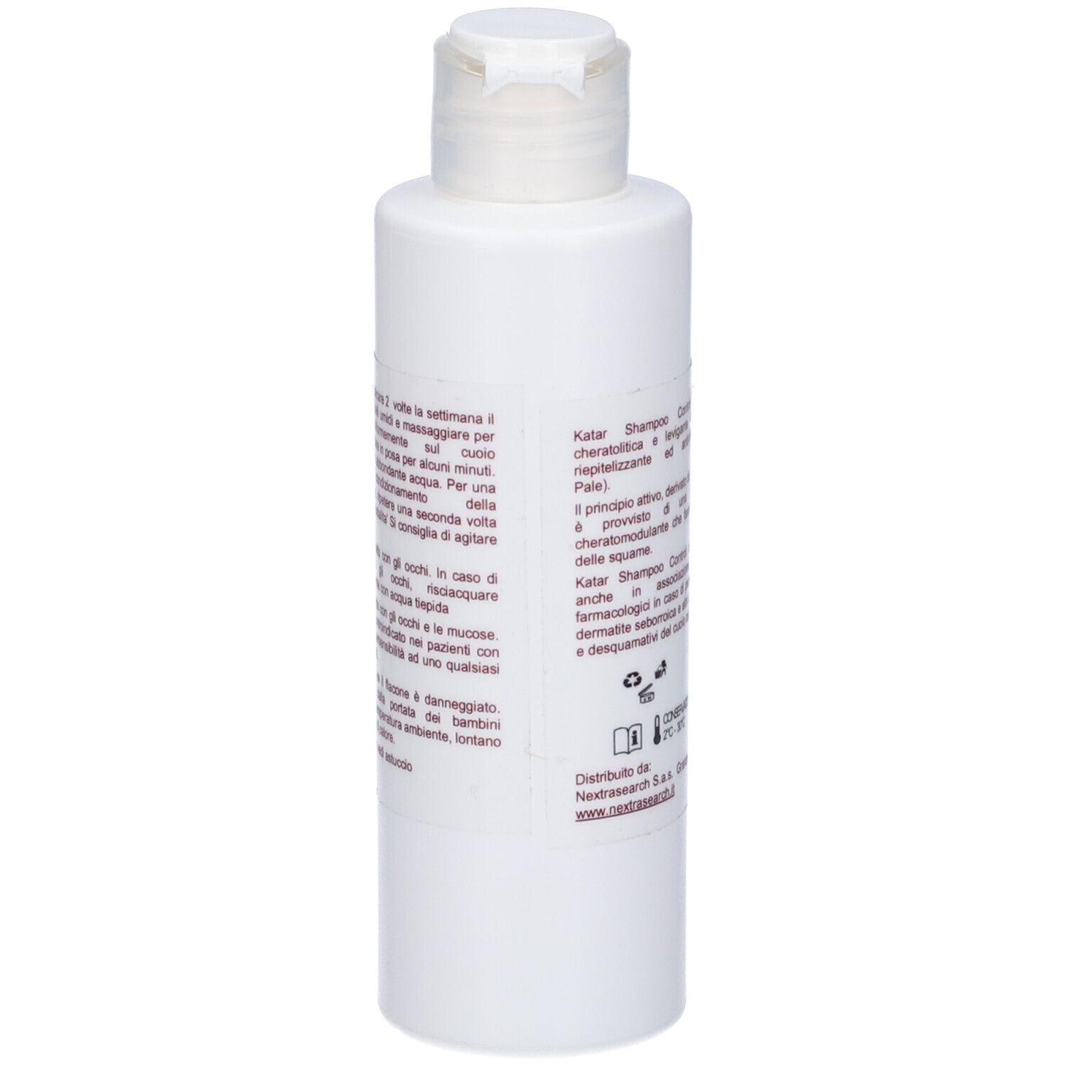 Flacone bianco con tappo bianco. Testo sul retro: KATAR Shampoo Control, istruzioni per l'uso.