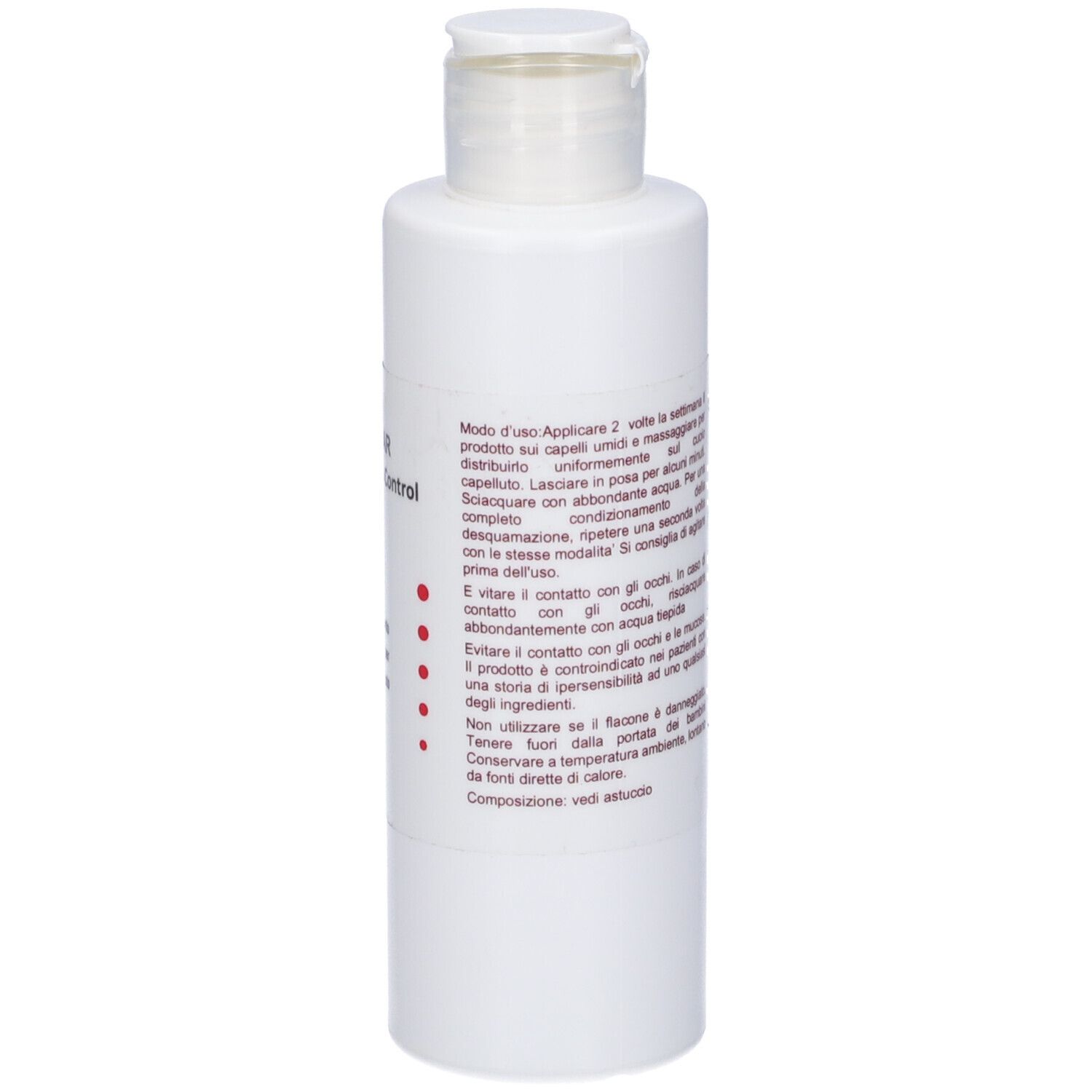 Flacone bianco con tappo bianco. Testo sul retro: KATAR Shampoo Control, istruzioni per l'uso.