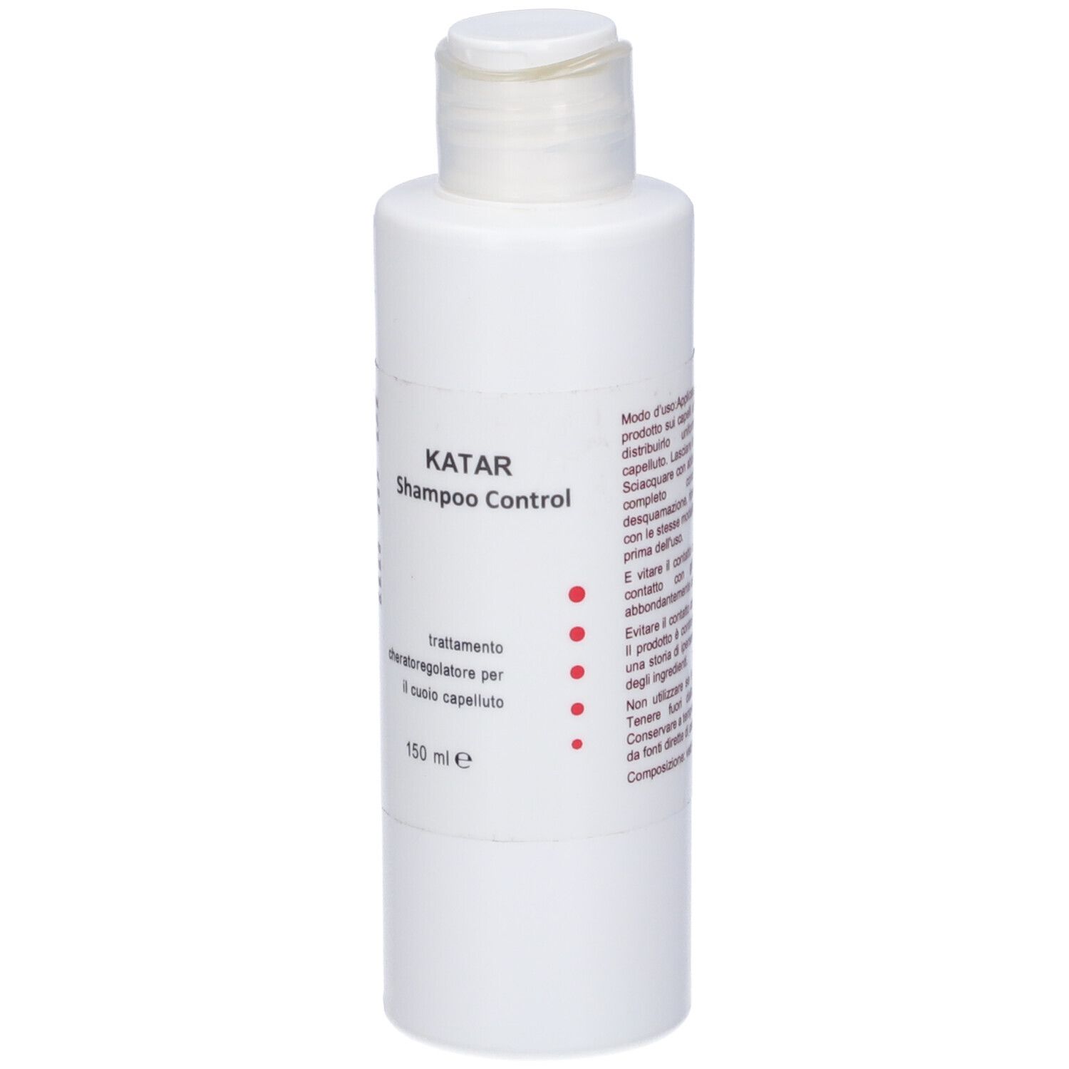 Flacone bianco con tappo bianco. Scritta: KATAR Shampoo Control, trattamento per il cuoio capelluto, 150 ml.