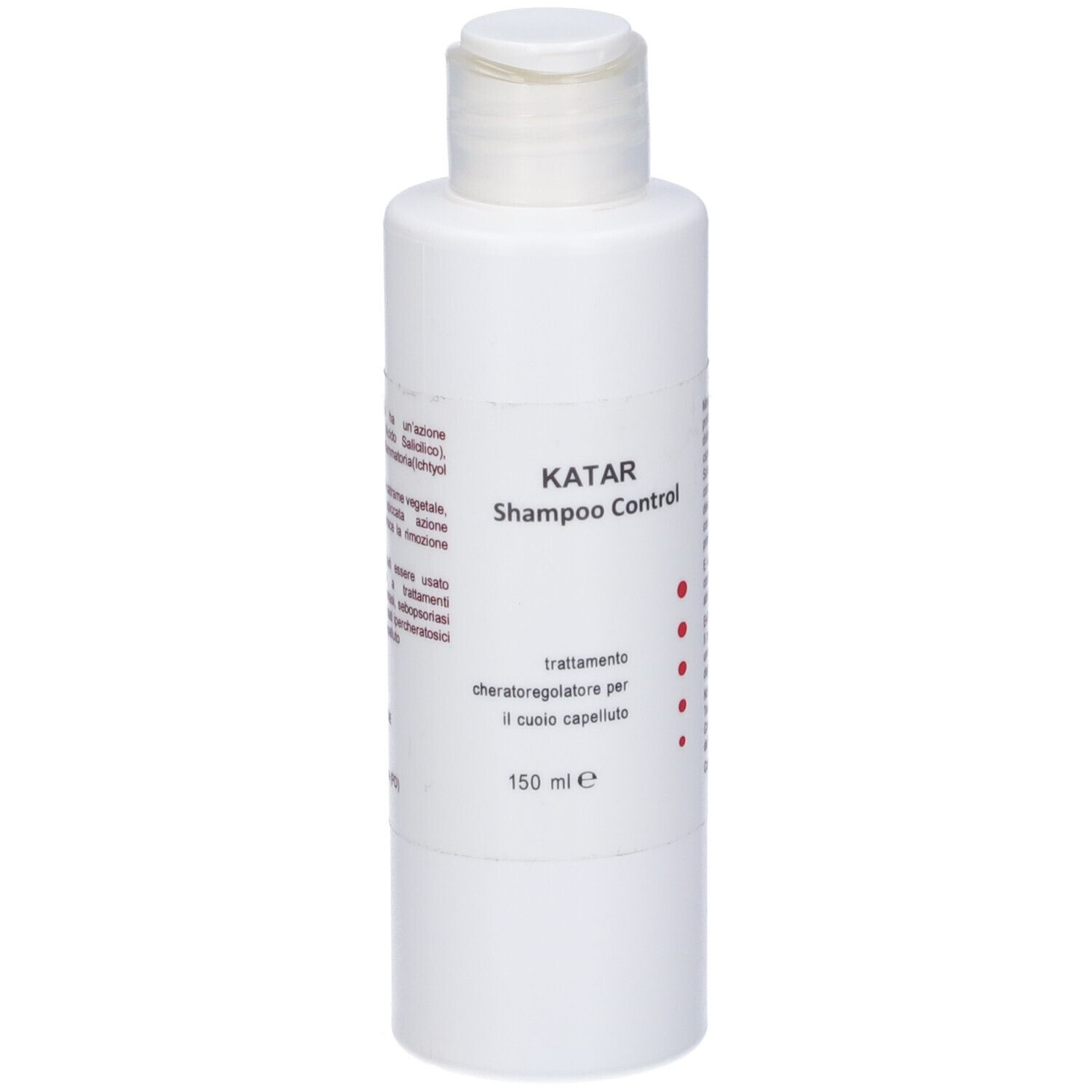 Flacone bianco con tappo bianco. Scritta: KATAR Shampoo Control, trattamento per il cuoio capelluto, 150 ml.