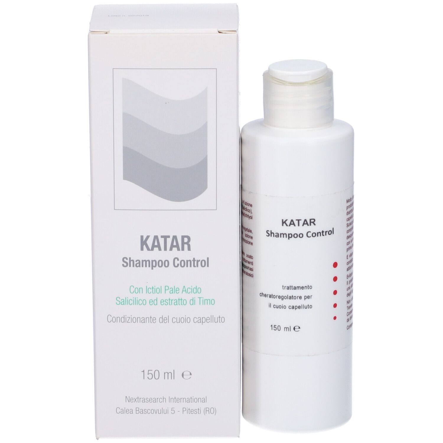 Flacone e confezione del prodotto. Scritta: KATAR Shampoo Control, trattamento per il cuoio capelluto, 150 ml.