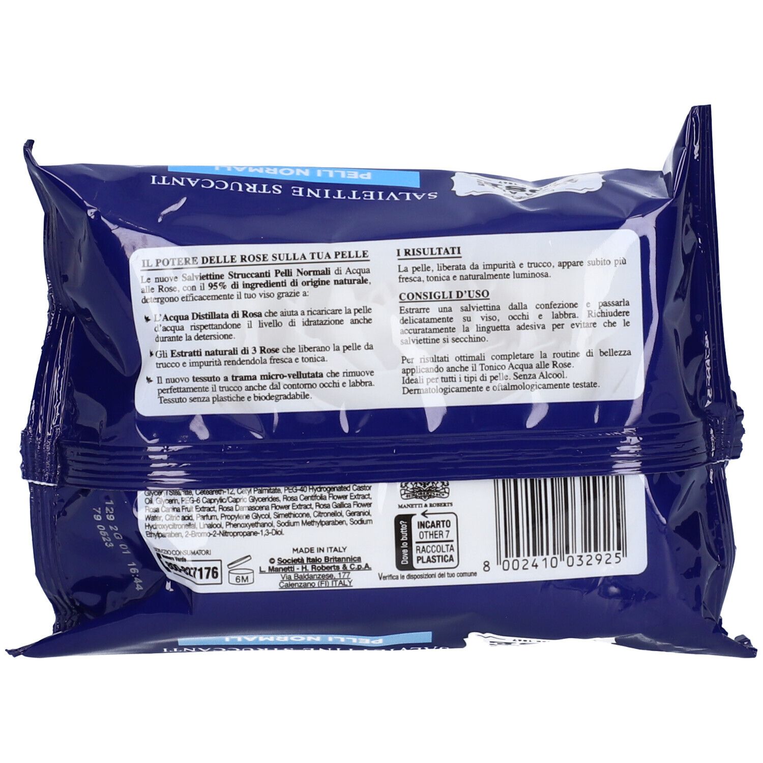 Retro della confezione blu scuro. Testo: ACQUA ALLE ROSE, SALVIETTINE STRUCCANTI, per pelli normali. Informazioni sul prodotto e codice a barre.