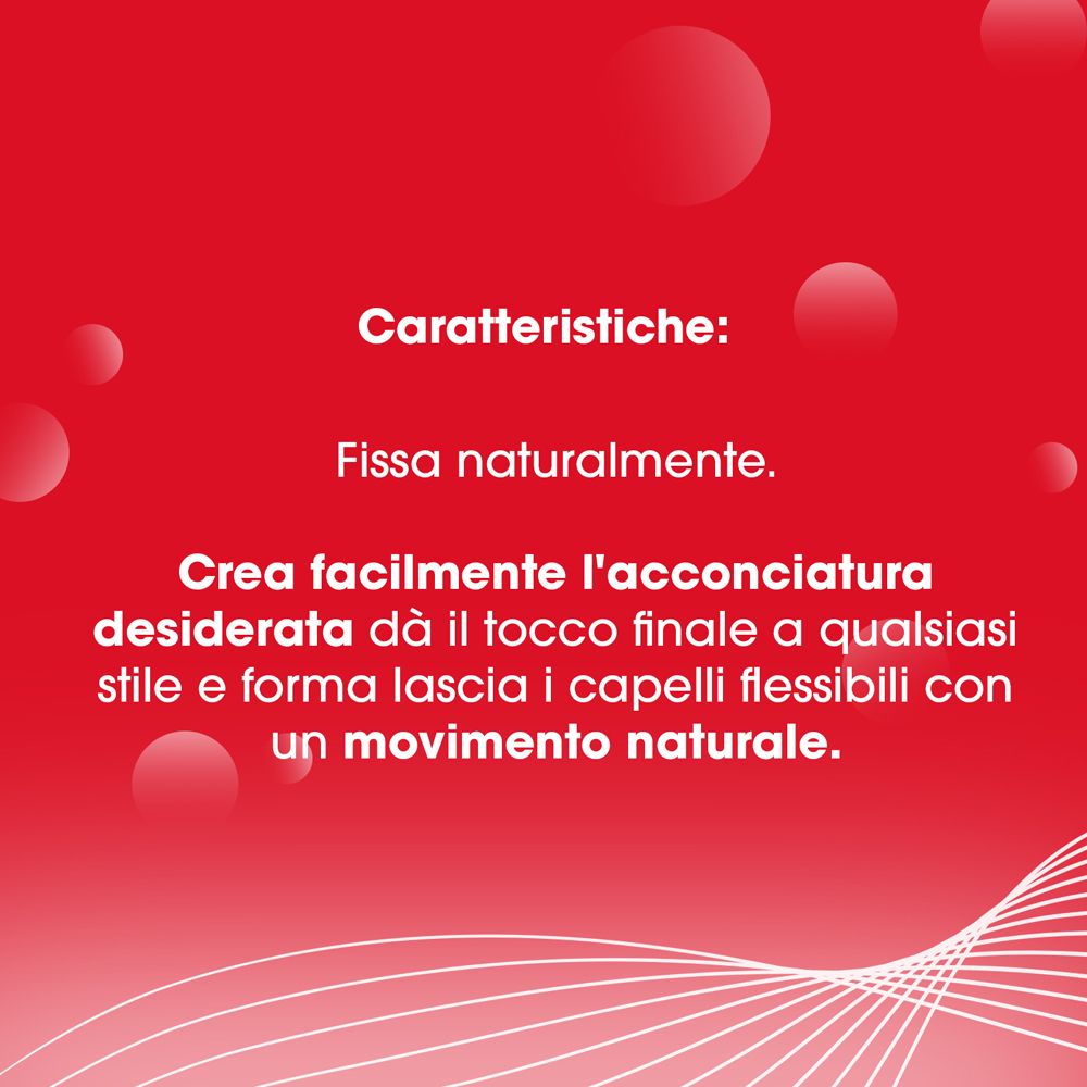 Testo su sfondo rosso. Titolo: Caratteristiche. Il testo descrive la tenuta naturale e lo styling.