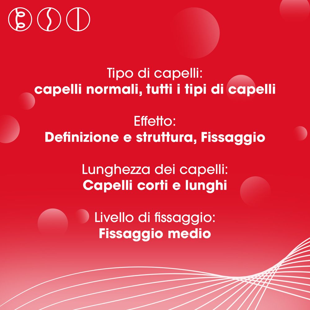 Testo su sfondo rosso. Descrive il tipo di capelli, l'effetto, la lunghezza dei capelli e il livello di fissaggio.