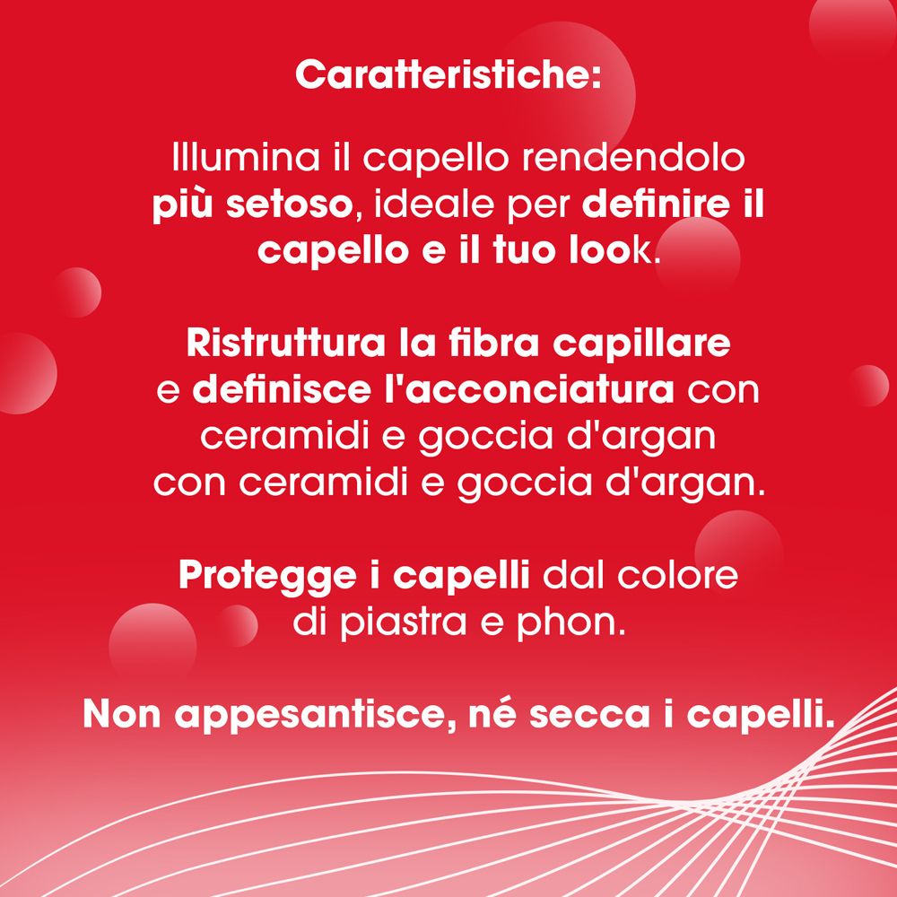 Sfondo rosso con testo. Caratteristiche: Illumina i capelli, ideale per la definizione. Ristruttura la fibra capillare.