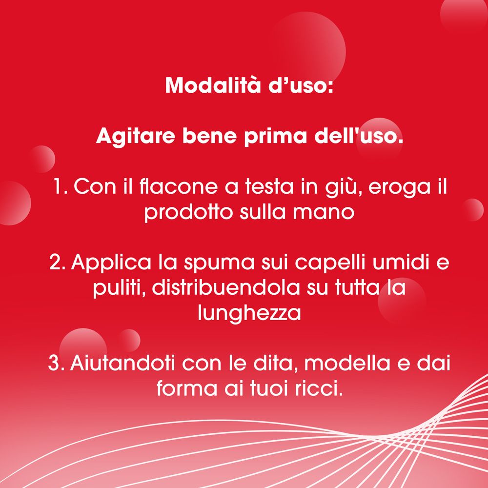 Sfondo rosso con testo. Modalità d'uso: Agitare prima dell'uso. Applicare sui capelli umidi. Modellare con le dita.
