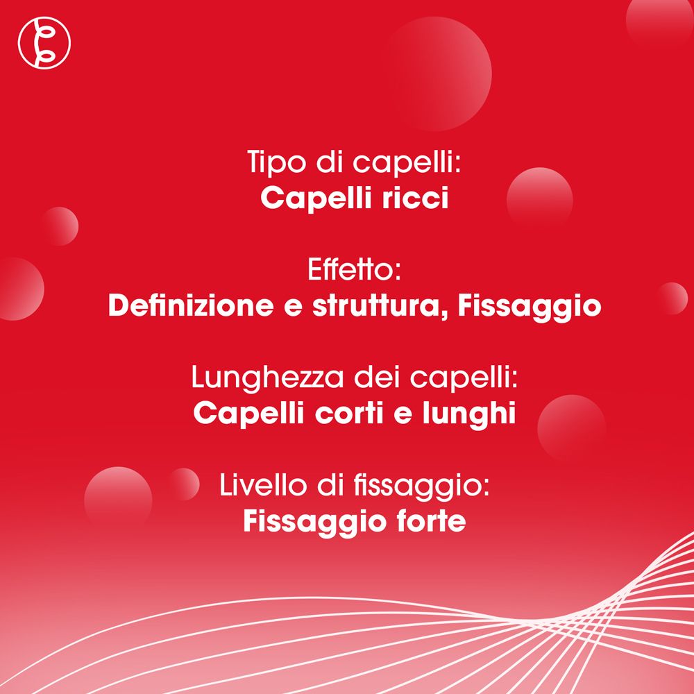 Sfondo rosso con testo. Tipo di capelli: Capelli ricci. Effetto: Definizione e struttura. Livello di fissaggio: Forte.