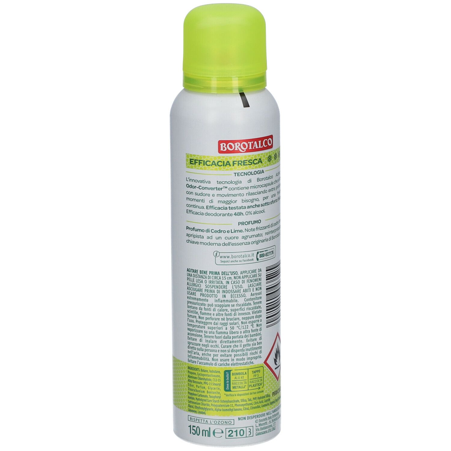 Retro spray deodorante. Bomboletta bianca e verde. Testo, ingredienti, avvertenze. 150 ml. Simbolo di pericolo: fiamma.
