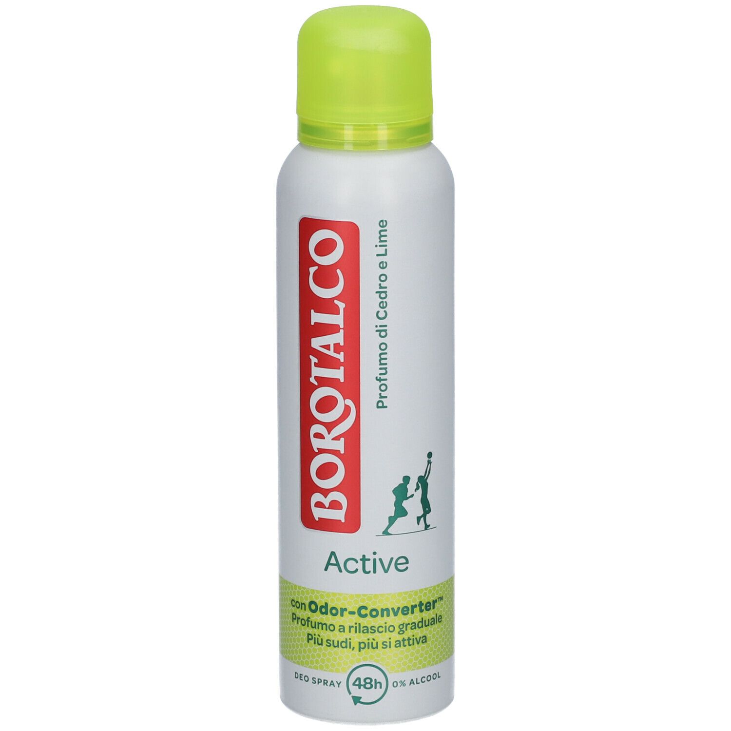 Spray deodorante, bomboletta bianca e verde. Scritta rossa BOROTALCO, sotto Active. Tappo verde. Profumo: Cedro e Lime.