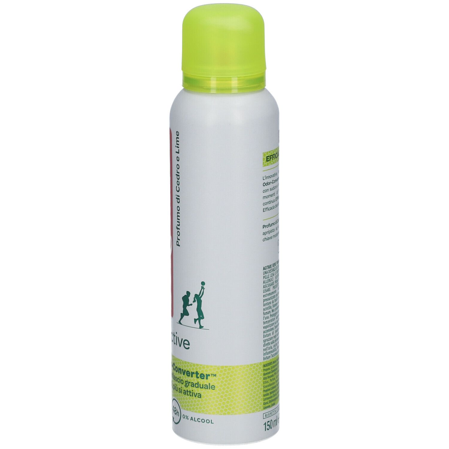Spray deodorante, bomboletta bianca e verde. Scritta rossa BOROTALCO, sotto Active. Tappo verde. Profumo: Cedro e Lime.