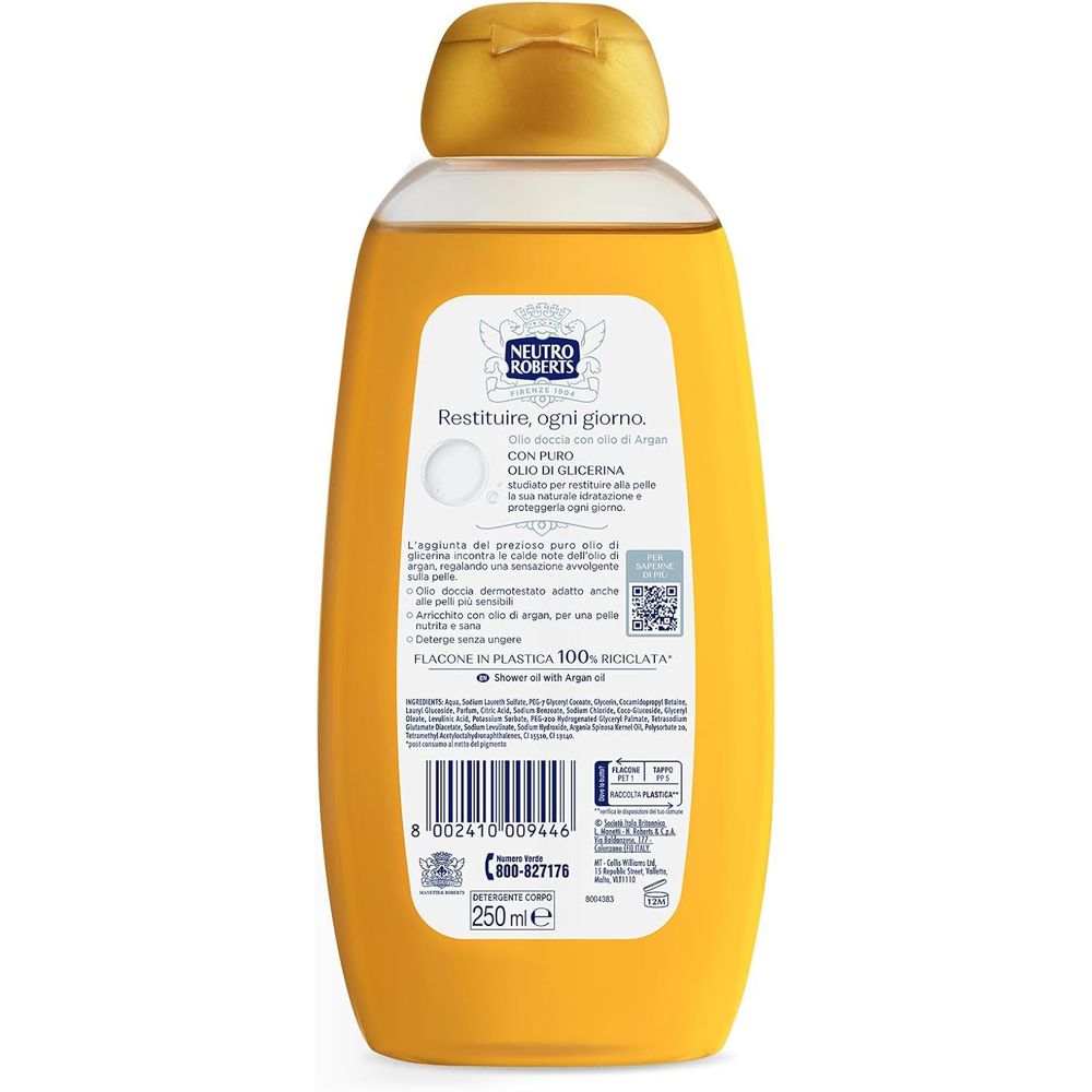 Retro del flacone giallo. Testo: Neutro Roberts, Olio Doccia Argan, Restituire, ogni giorno. Codice a barre e altre informazioni.