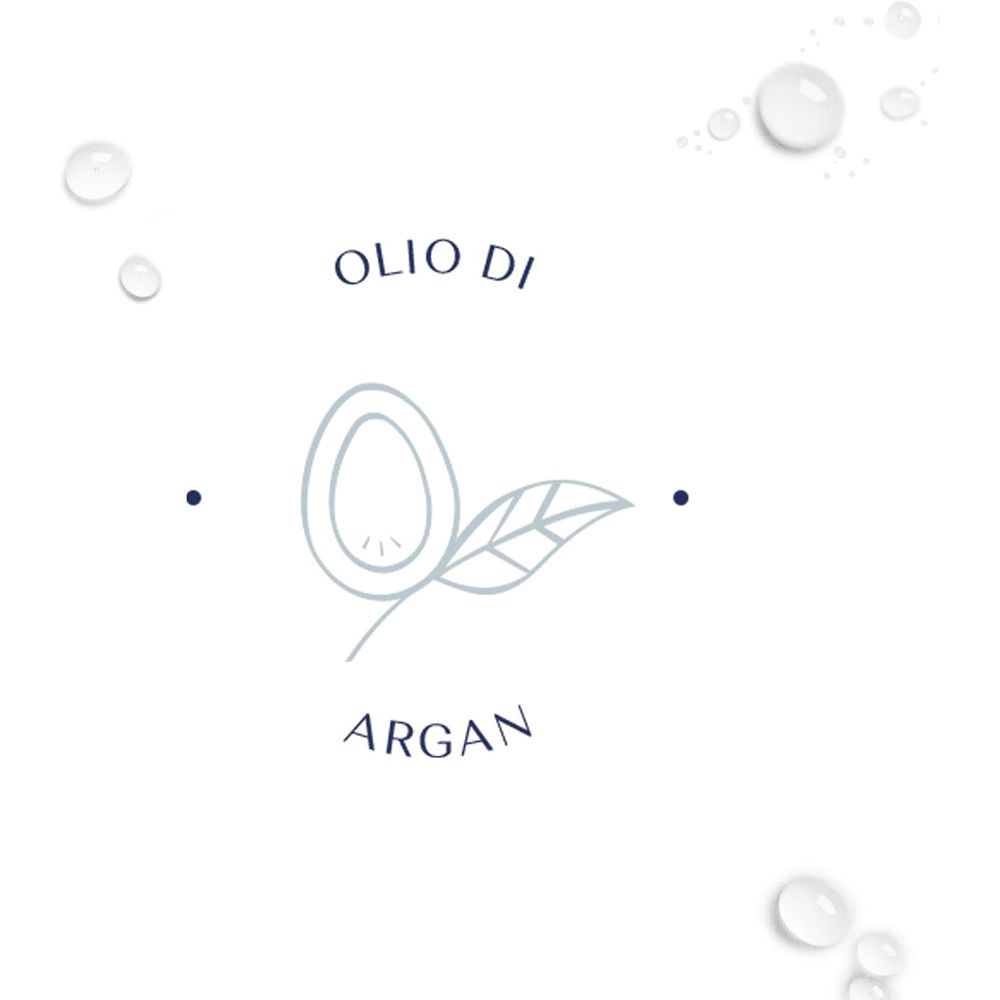 Simbolo: mandorla e foglia. Testo: Olio di Argan. Piccole gocce d'acqua.