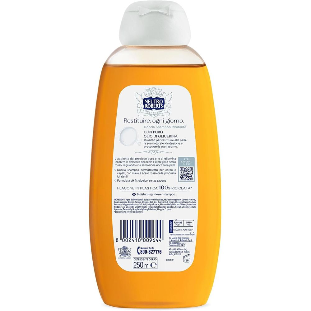 Retro flacone Neutro Roberts Doccia Shampoo. Testo: Restituire, ogni giorno. Con puro olio di glicerina. Flacone in plastica.