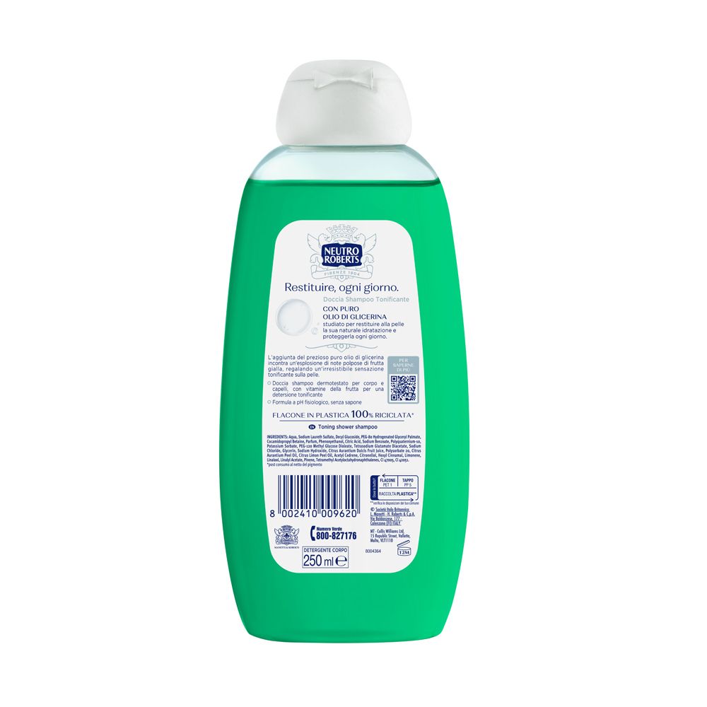 Retro del flacone verde con tappo bianco. Testo e codice a barre. Scritta: Neutro Roberts, Doccia Shampoo.
