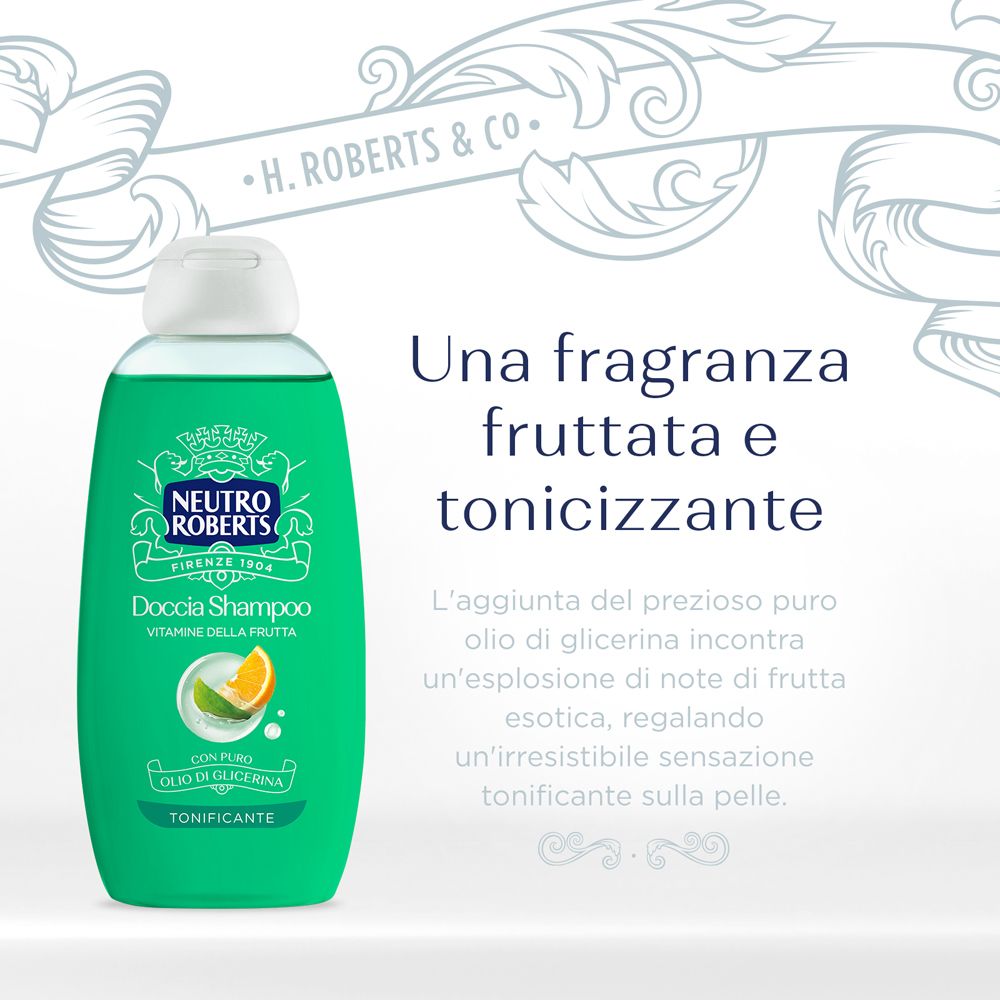 Flacone verde con tappo bianco. Testo: Una fragranza fruttata e tonificante. Testo sugli ingredienti.