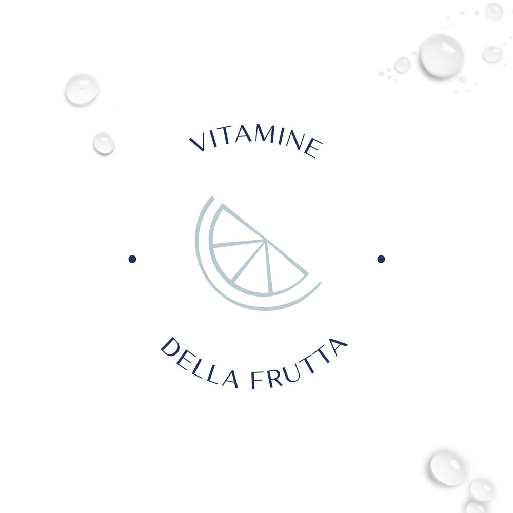 Simbolo per Vitamine della frutta. Rappresentazione di un limone tagliato a metà. Bolle d'acqua.