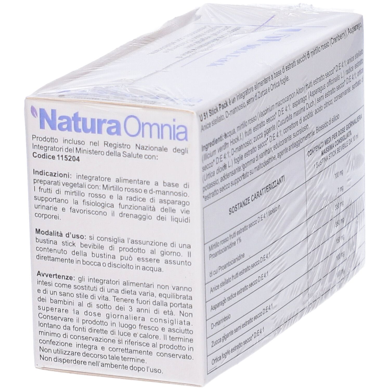 Scatola 'U51 stick Pack'. Istruzioni, ingredienti. Marchio: Natura Omnia. 12 bustine, 120 ml.